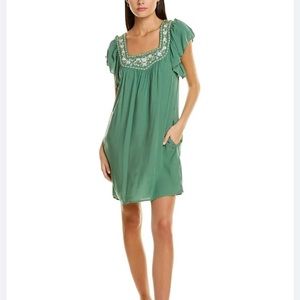 MAX STUDIO Green Flutter Sleeve Short Floral Embroidered Shift Dress Pockets XL